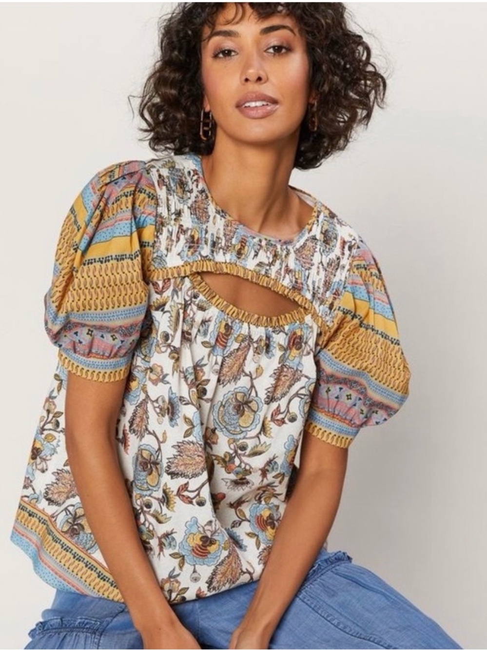 Current Air Floral Cutout Puff Sleeve Top - Mustard & Blue
